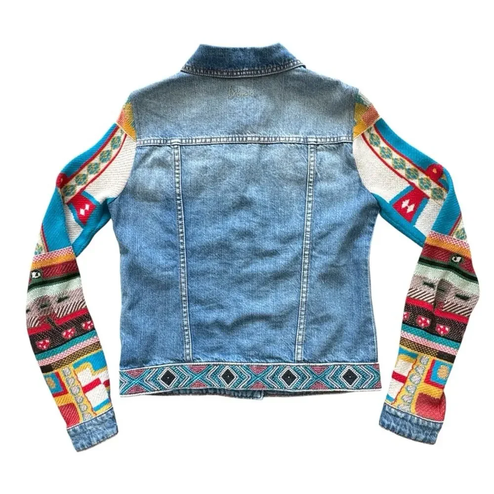 Desigual Fiorella Embroidered Denim Jacket Knitted Sleeves Bohemian Size 4 US - Picture 7 of 13